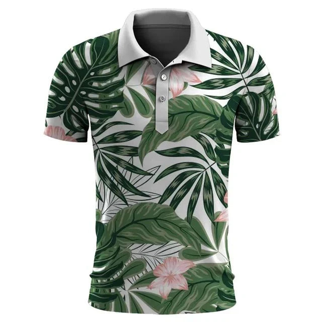 Men's tropical print polo shirt casual summer attire - lightweight stylish short sleeve poloshirt