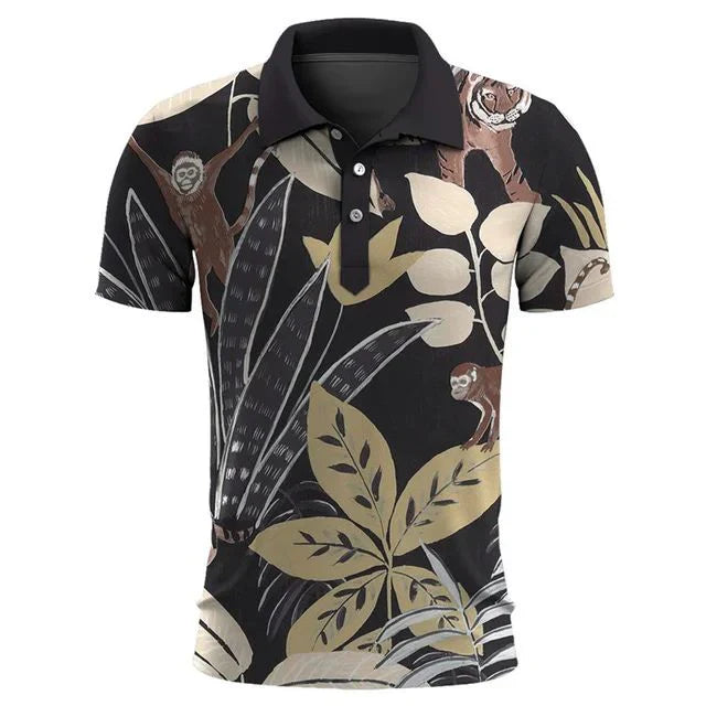 Men's tropical print polo shirt casual summer attire - lightweight stylish short sleeve poloshirt