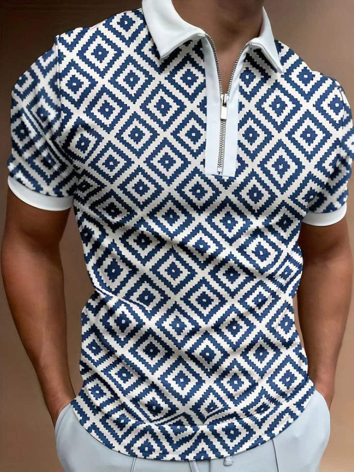 Men's polo shirt - zip fastening short sleeve casual wear with diamond pattern, breathable fabric
