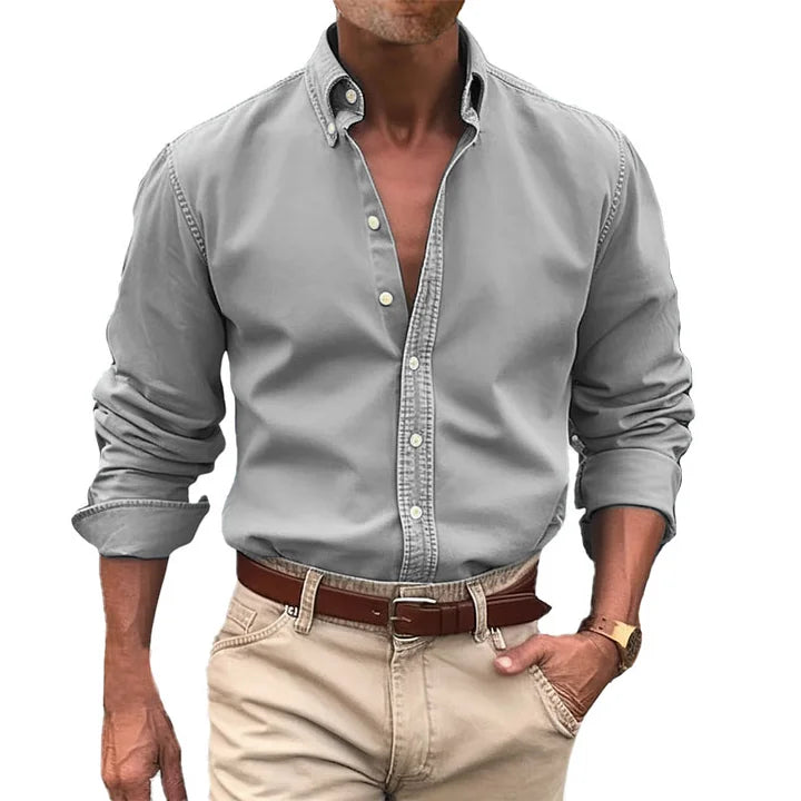 Men's button-up shirt durable long sleeve work attire - versatile office and casual wear