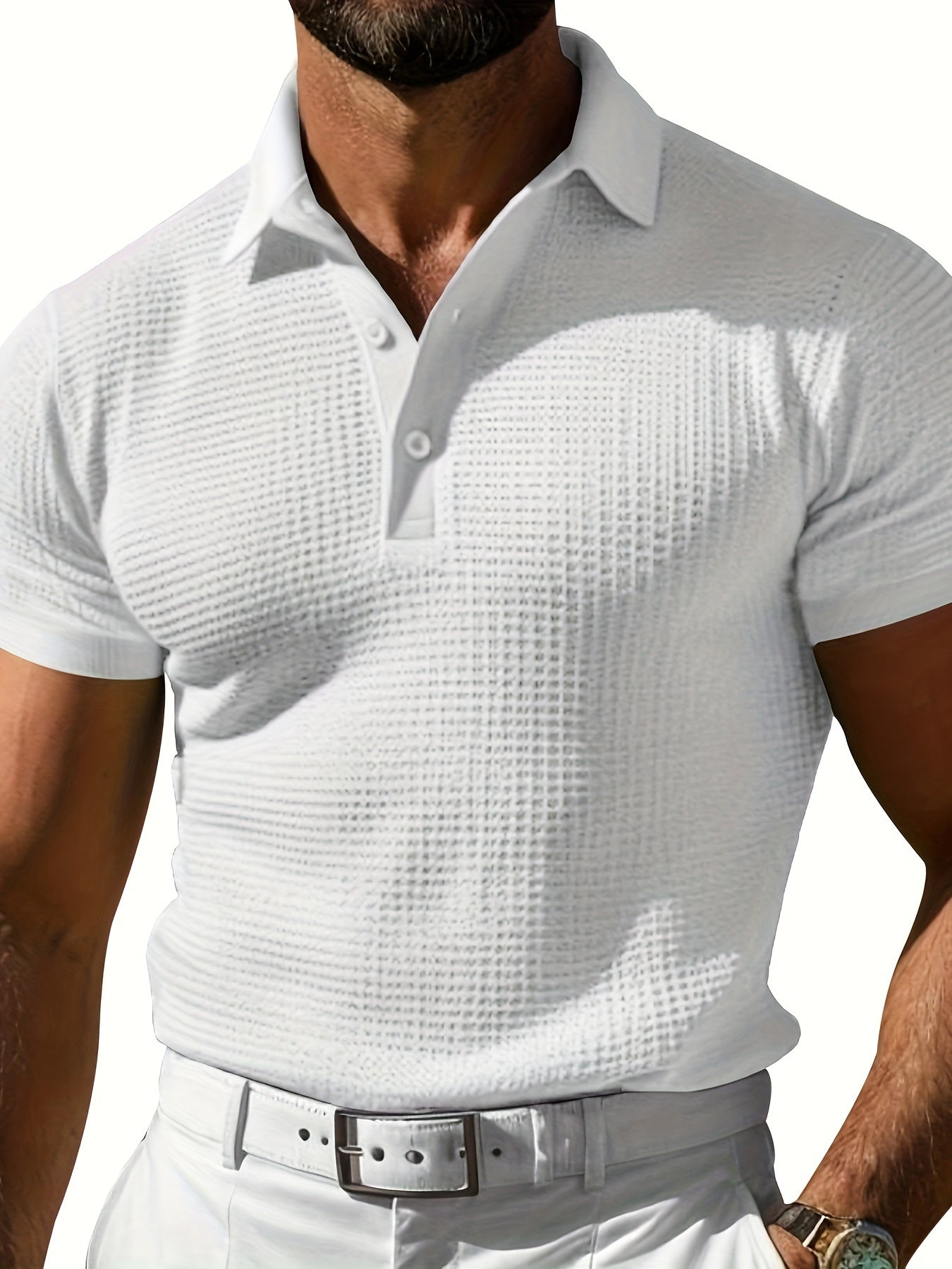 Men's waffle knit polo shirt - breathable casual top for everyday wear