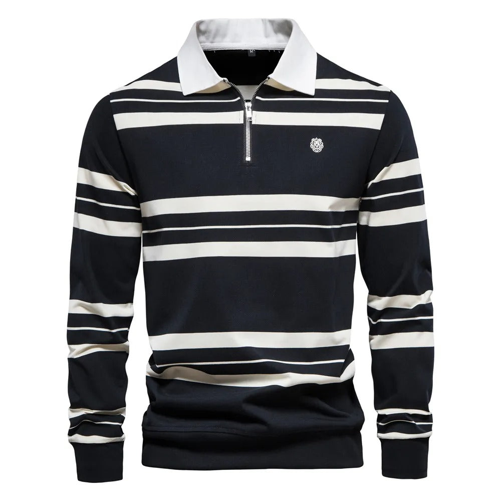 Men's long sleeve polo shirt - striped zip neck casual top for everyday wear