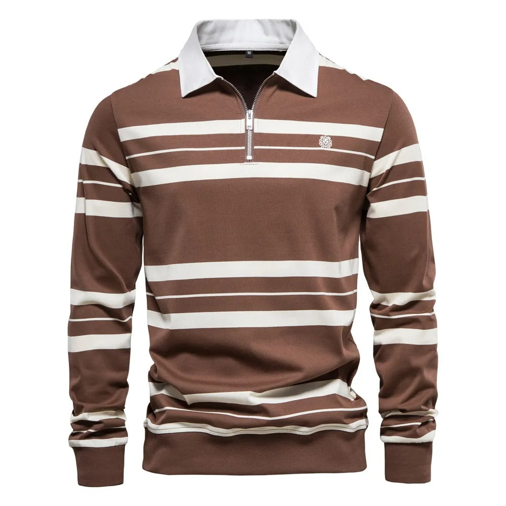 Men's long sleeve polo shirt - striped zip neck casual top for everyday wear