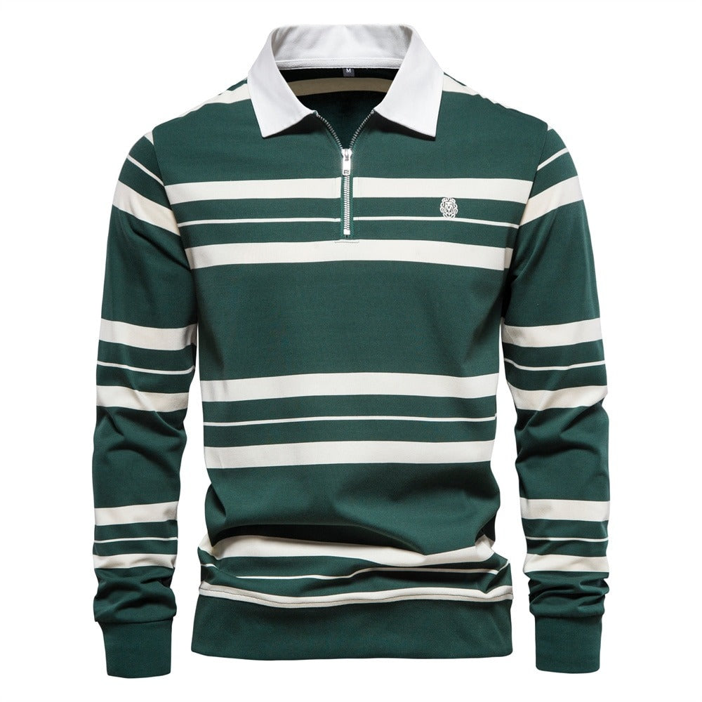 Men's long sleeve polo shirt - striped zip neck casual top for everyday wear