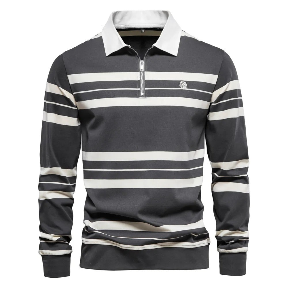 Men's long sleeve polo shirt - striped zip neck casual top for everyday wear