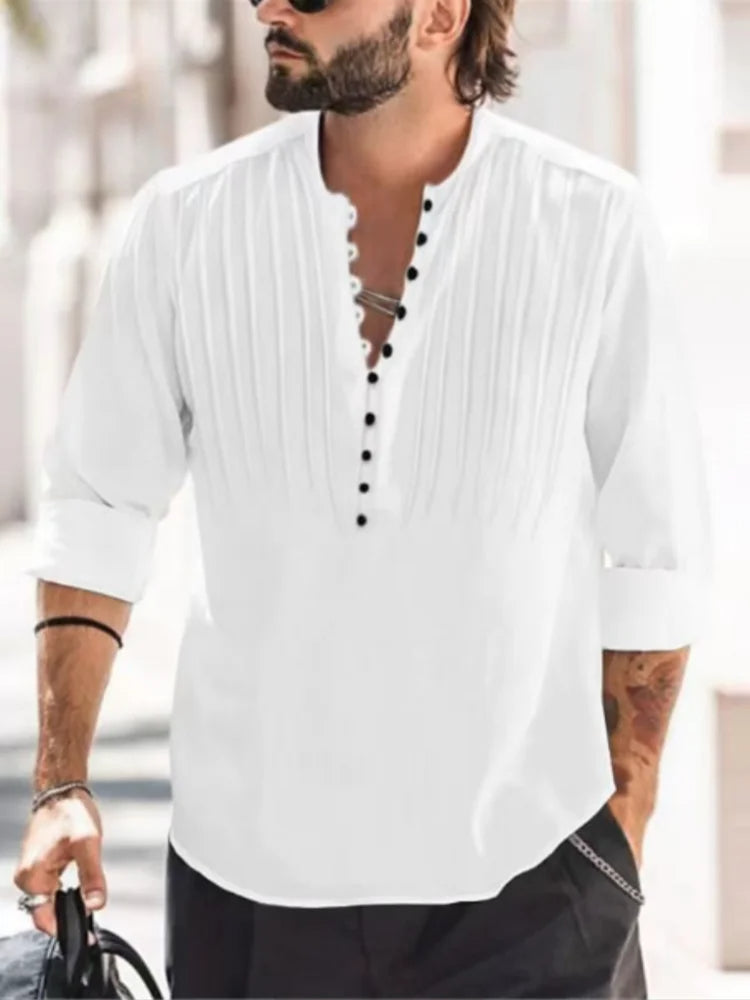 Men's button-up shirt stylish pleated design - elegant long sleeve casual top