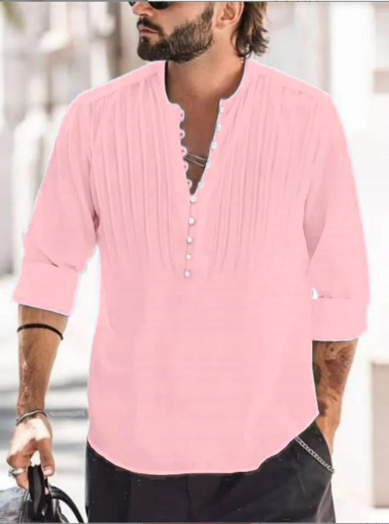 Men's button-up shirt stylish pleated design - elegant long sleeve casual top