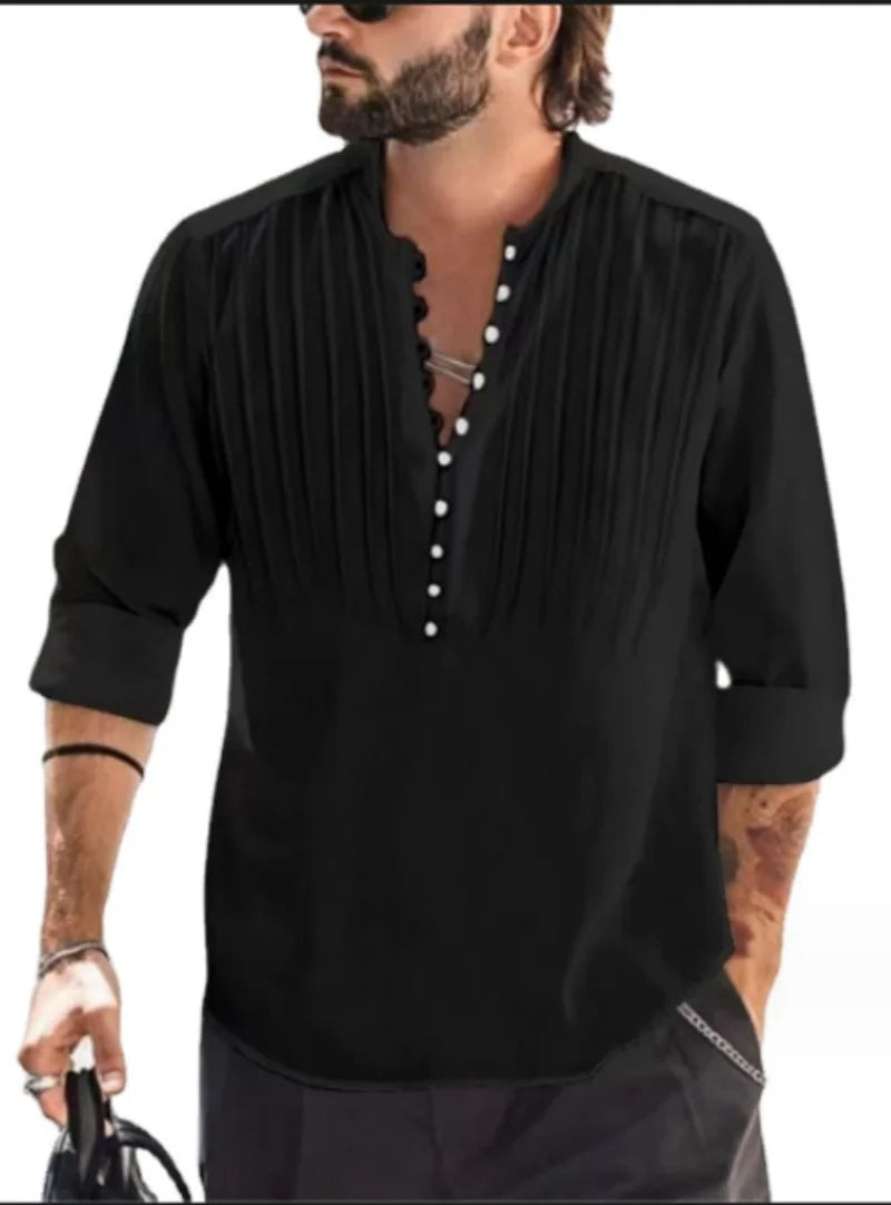 Men's button-up shirt stylish pleated design - elegant long sleeve casual top