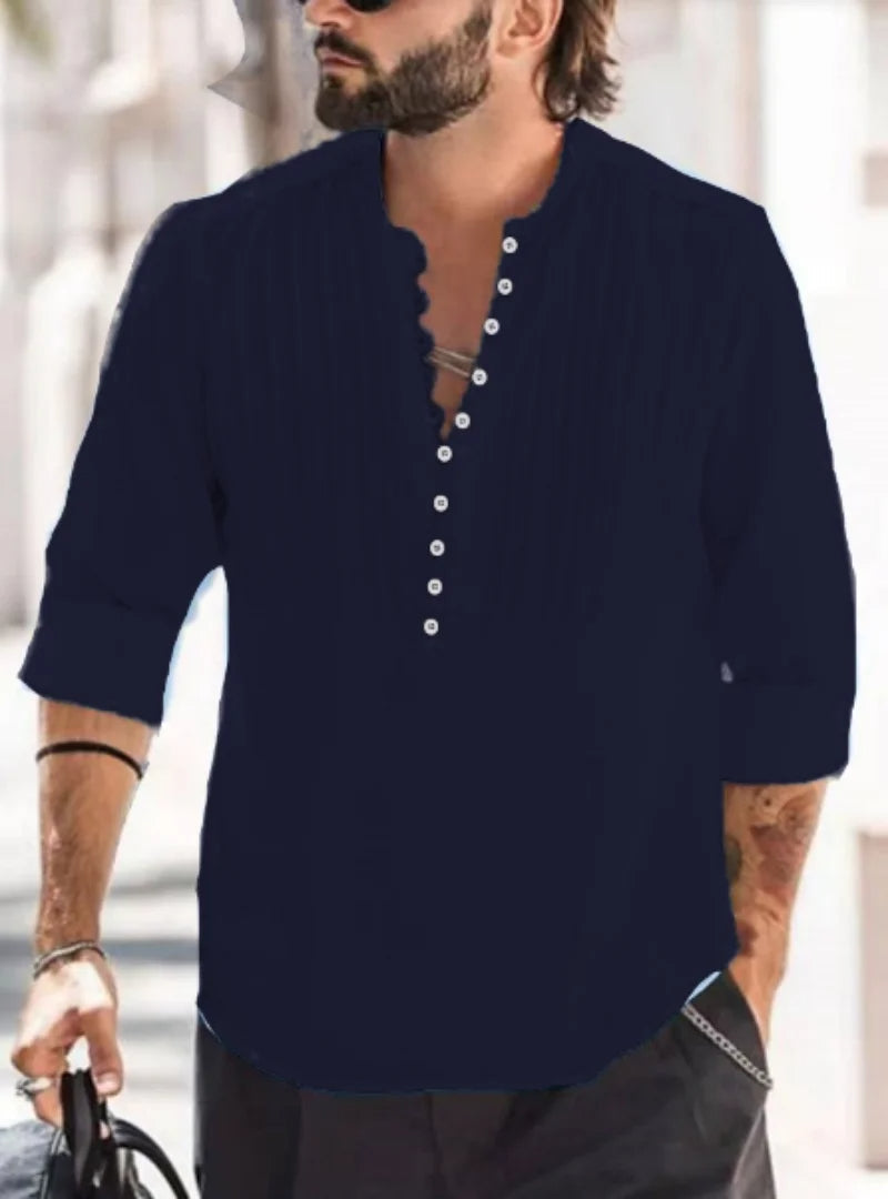 Men's button-up shirt stylish pleated design - elegant long sleeve casual top