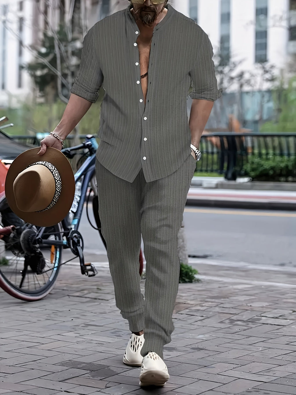 2-piece men's casual outfit stylish shirt and trousers set - everyday wear for weekend outings