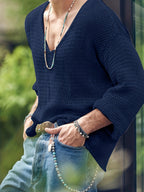 Men's lightweight v-neck knit top - trendy long sleeve casual wear for everyday comfort