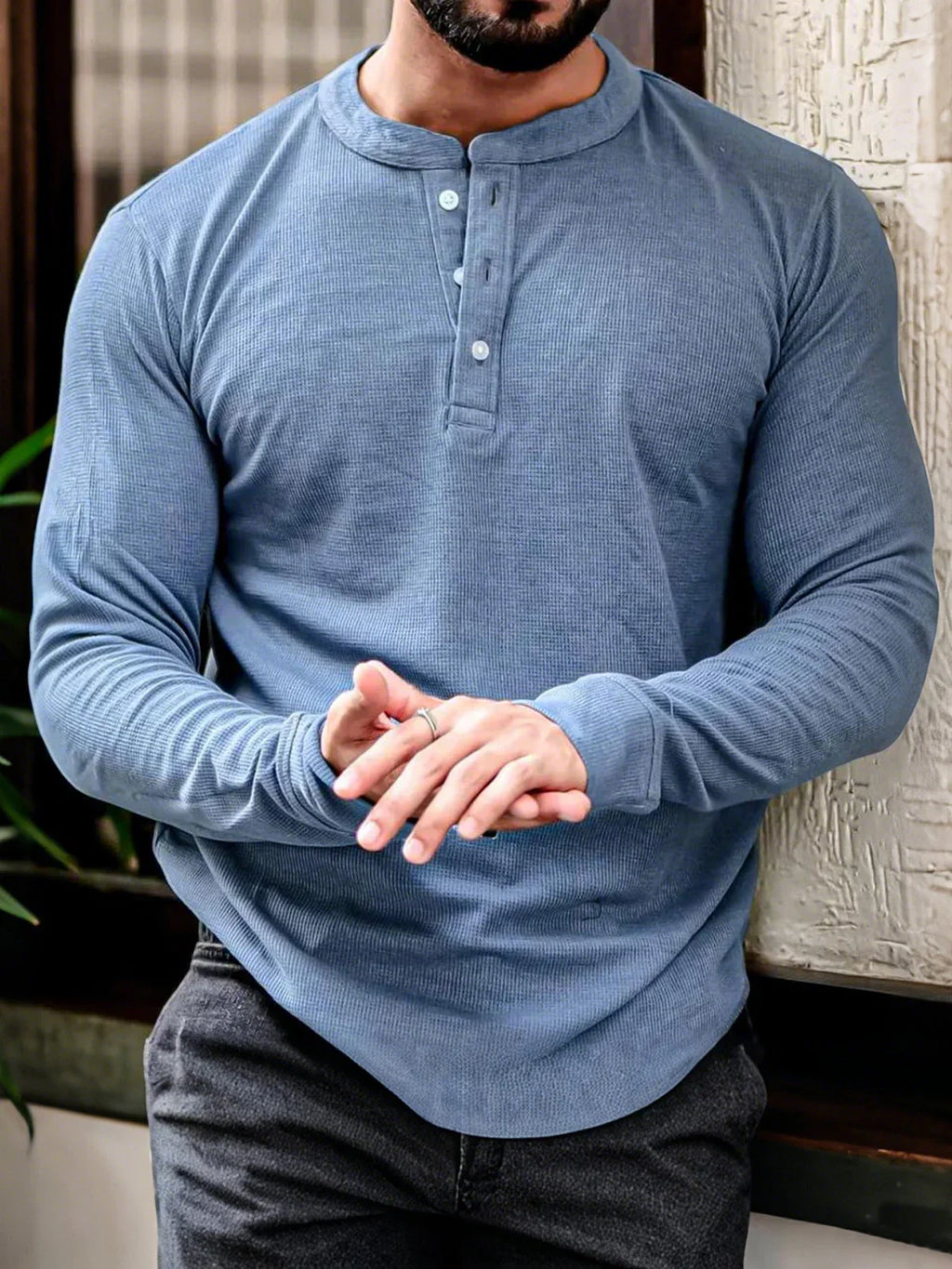 Men's long sleeve henley t-shirt versatile cotton blend top - ideal for casual and office wear