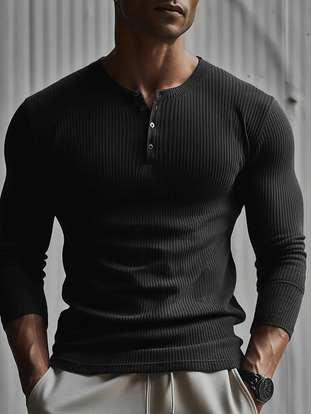 Men's ribbed henley shirt - slim fit casual wear with timeless style