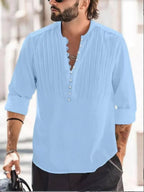Men's button-up shirt stylish pleated design - elegant long sleeve casual top