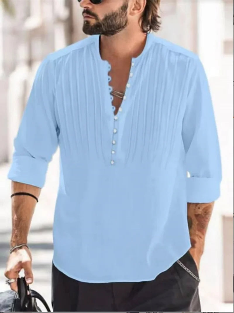 Men's button-up shirt stylish pleated design - elegant long sleeve casual top