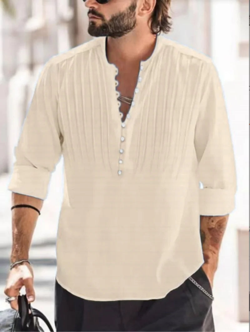 Men's button-up shirt stylish pleated design - elegant long sleeve casual top