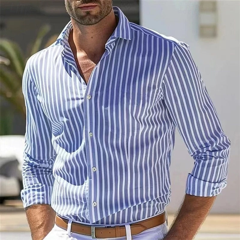 Men's striped casual shirt - classic long sleeve button-up, versatile for office and weekend wear