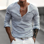 Men's long sleeve striped henley shirt in white and blue - smart casual attire for everyday wear