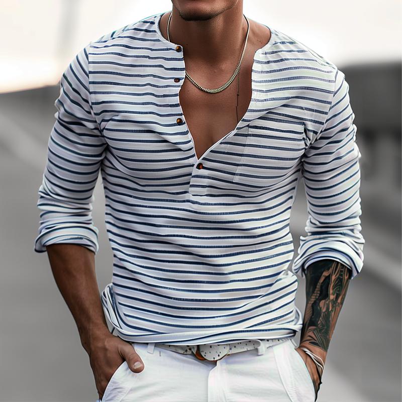 Men's long sleeve striped henley shirt in white and blue - smart casual attire for everyday wear
