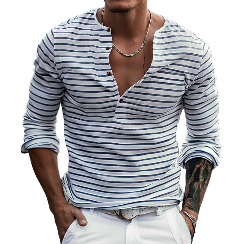Men's long sleeve striped henley shirt in white and blue - smart casual attire for everyday wear
