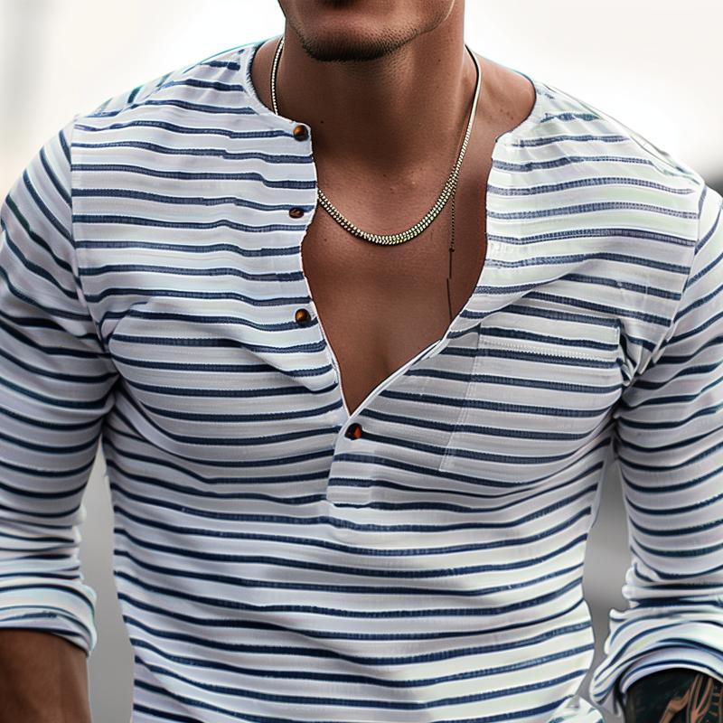 Men's long sleeve striped henley shirt in white and blue - smart casual attire for everyday wear