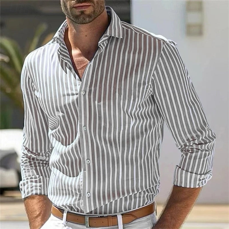Men's striped casual shirt - classic long sleeve button-up, versatile for office and weekend wear