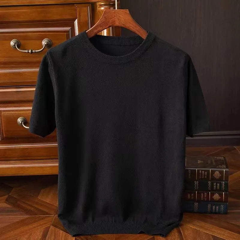 Men's cashmere t-shirt lightweight knit top in camel for casual wear - elegant short sleeve design