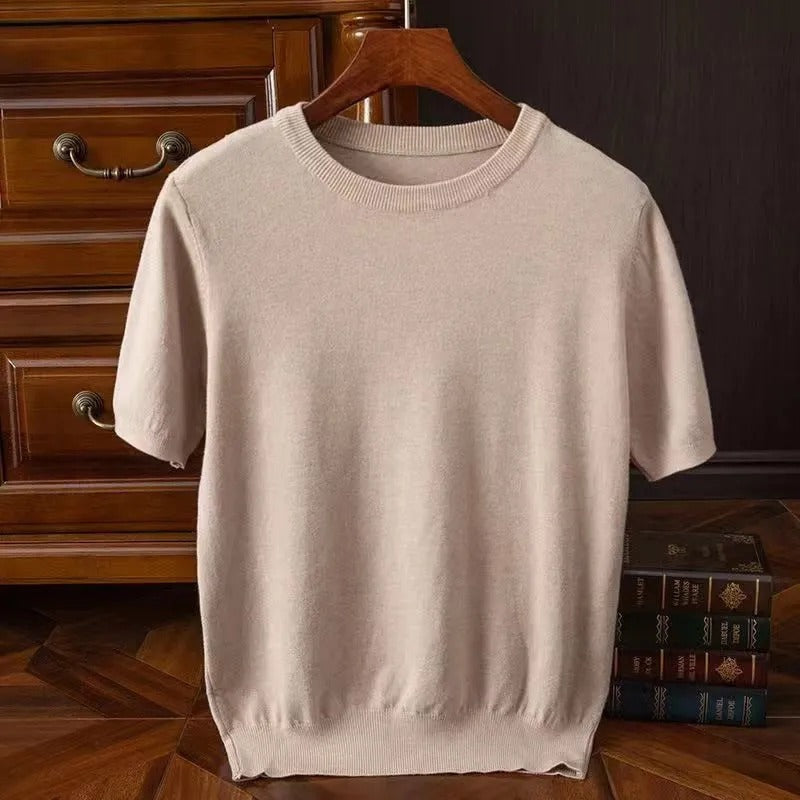 Men's cashmere t-shirt lightweight knit top in camel for casual wear - elegant short sleeve design