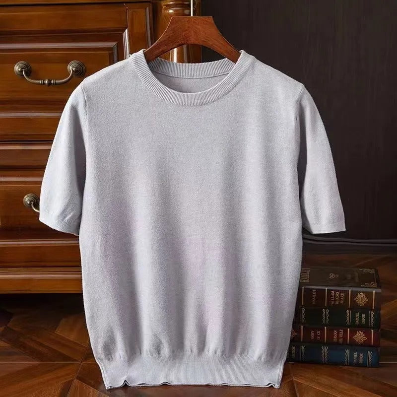 Men's cashmere t-shirt lightweight knit top in camel for casual wear - elegant short sleeve design