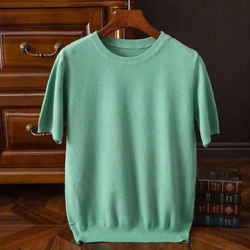 Men's cashmere t-shirt lightweight knit top in camel for casual wear - elegant short sleeve design
