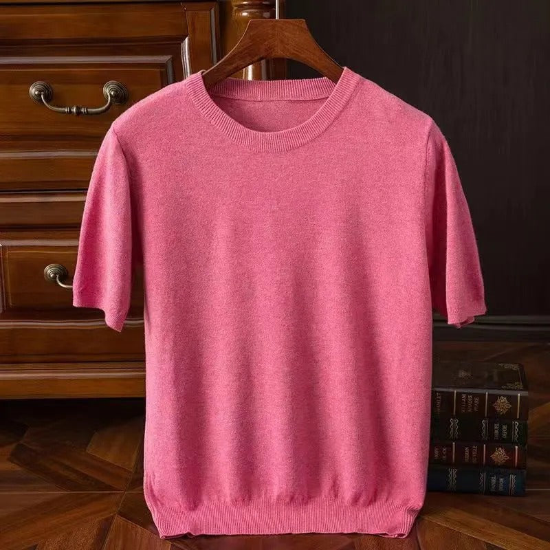Men's cashmere t-shirt lightweight knit top in camel for casual wear - elegant short sleeve design