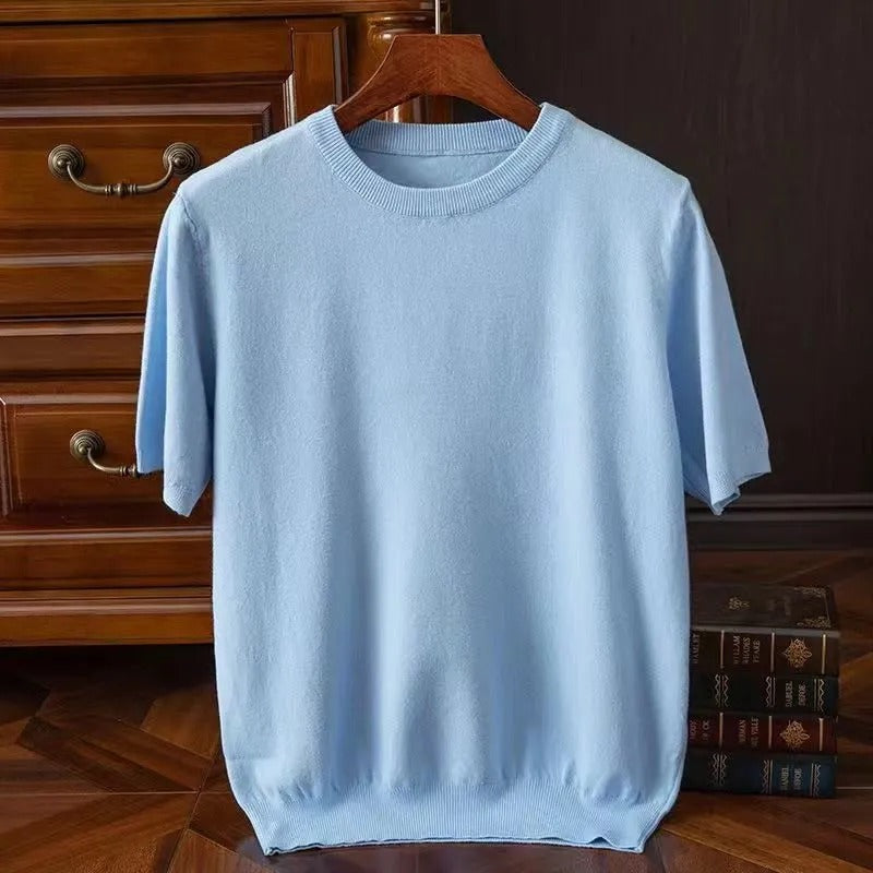 Men's cashmere t-shirt lightweight knit top in camel for casual wear - elegant short sleeve design